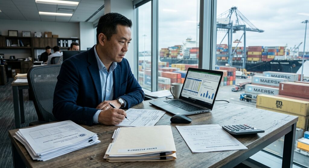 A photorealistic editorial-style image depicting an international trade and customs refund process: a professional office setting with a foreign importer seated at a modern desk, reviewing detailed customs entry documents and spreadsheets on a laptop screen. In the foreground, stacks of organized paperwork, a U.S. Customs and Border Protection-style emblem subtly visible on an official document, and a bank wire transfer form. Through a large window behind the figure, a busy container port is visible with cargo ships, stacked shipping containers, and cranes in the background, symbolizing large-scale international trade. The overall mood is serious, professional, and high-stakes, with cool blue and grey tones, soft office lighting, and a sense of urgency and financial significance. Cinematic depth of field, sharp foreground detail blending into the softly lit port scene outside.