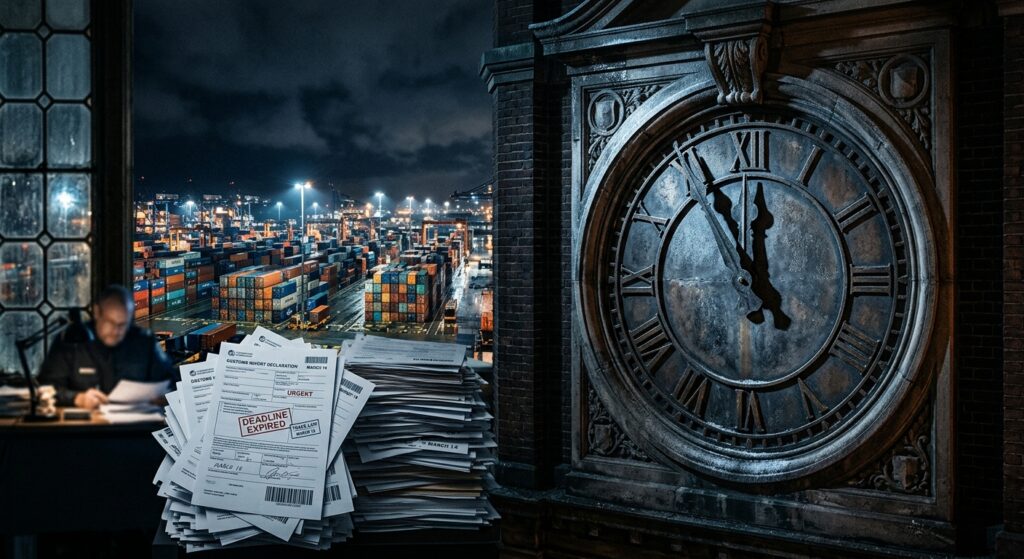 A dramatic close-up of a large ornate courthouse clock with its hands approaching midnight, cast in sharp shadows, set against a background of stacked customs import documents, shipping manifests, and cargo containers visible through a blurred courthouse window. The atmosphere is tense and urgent, rendered in a dark, editorial photorealistic style with cool blue and amber tones, conveying the weight of an expiring legal deadline in international trade law.