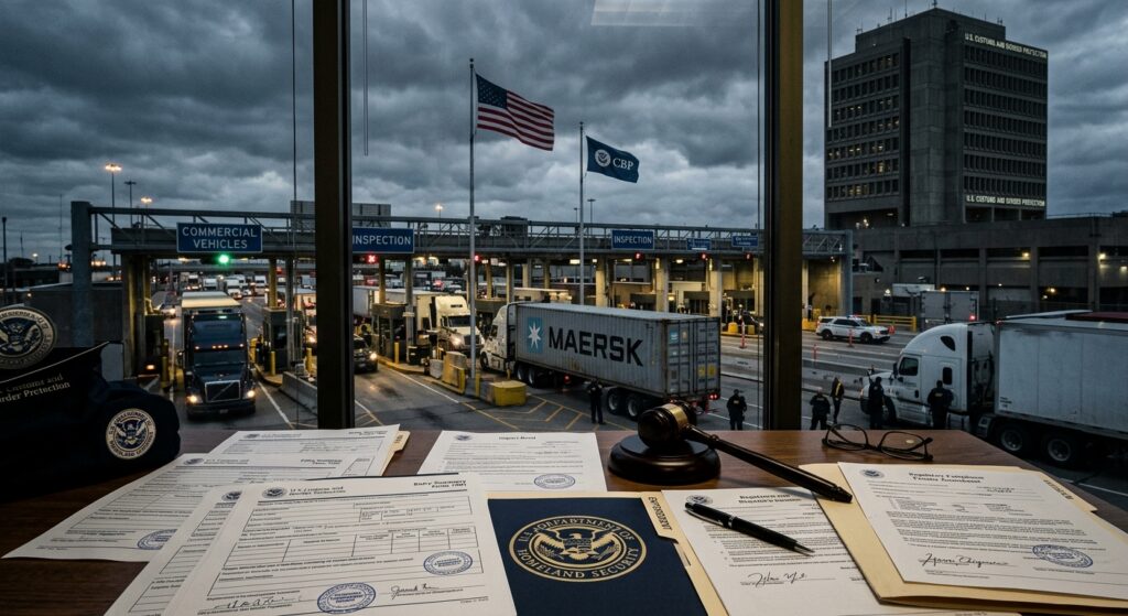 A dramatic, editorial-style image depicting a large, imposing U.S. Customs and Border Protection checkpoint with a towering government building in the background under a heavy overcast sky. In the foreground, a shipping container with complex paperwork, official government seals, and bond documents spread across a desk, alongside a gavel symbolizing enforcement and penalties. The scene conveys regulatory authority and compliance pressure, with a U.S. flag subtly visible. The color palette is dark navy blue, steel gray, and muted gold, evoking bureaucratic power and serious legal consequences. Photorealistic, cinematic lighting, wide-angle perspective.