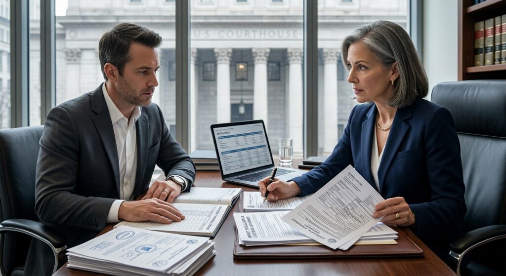 A serious, editorial-style illustration depicting a formal legal setting where a professional attorney in a dark suit sits across a desk from a business importer, reviewing official government customs documents and financial ledgers. The attorney holds a pen over legal paperwork while stacks of documents, a federal courthouse architectural element, and financial figures are subtly visible in the background. The scene conveys trust, expertise, and high-stakes legal protection. The mood is authoritative and professional, with cool blue and deep navy tones accented by gold, suggesting governmental and legal gravitas. Photorealistic style with soft directional office lighting, shallow depth of field emphasizing the attorney-client interaction.
