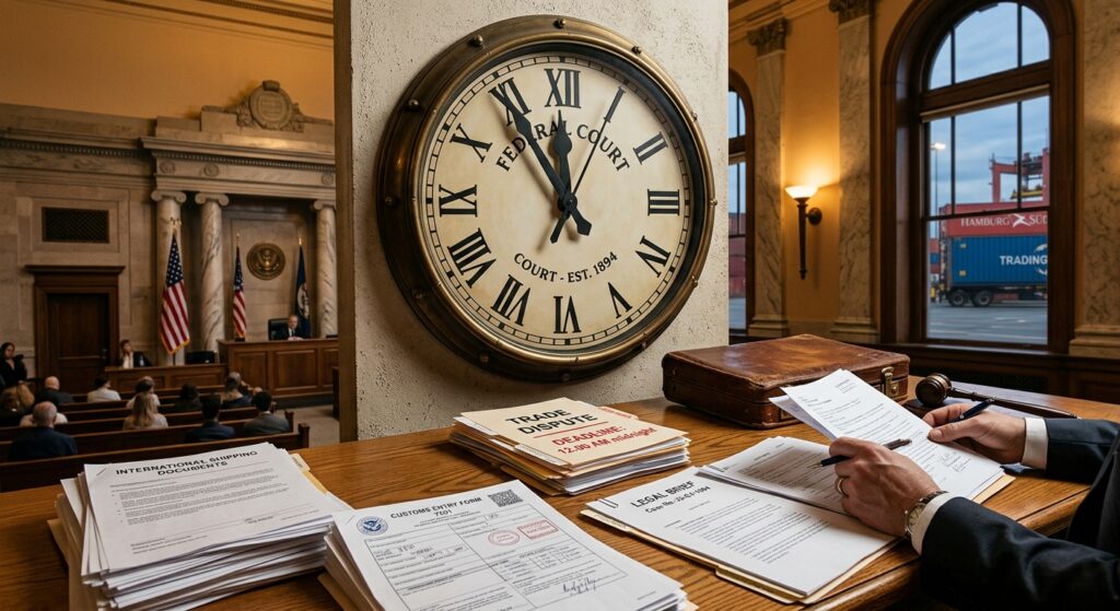 A dramatic close-up of a large industrial clock with bold hands approaching a critical deadline, mounted on the wall of a formal federal courthouse interior featuring marble columns, American flags, and rows of wooden benches. In the foreground, stacks of international shipping documents, customs entry forms, and legal briefs are spread across a polished wooden table. A shipping container visible through a tall arched window in the background symbolizes international trade. The atmosphere is tense and urgent, with warm amber courtroom lighting casting long shadows across the documents. Editorial legal photography style, realistic and authoritative tone.
