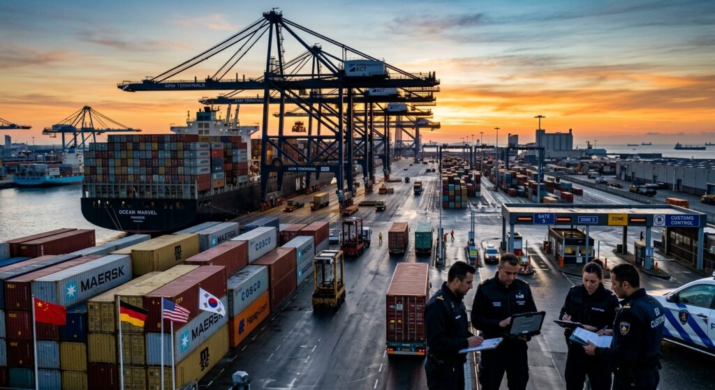A dramatic wide-angle editorial photograph of a busy international shipping port at dawn, with towering cargo container cranes silhouetted against an orange and blue sky. Stacked multicolored shipping containers fill the foreground, bearing flags or color-coded markings suggesting diverse countries of origin. In the middle ground, a large container ship is docked at the terminal. Customs officials in uniform review clipboards and tablets near a checkpoint gate, symbolizing regulatory oversight. The atmosphere is tense and industrial, conveying the weight of new trade policy enforcement. Photorealistic style with cinematic lighting, cool blue shadows contrasting with warm sunrise tones.