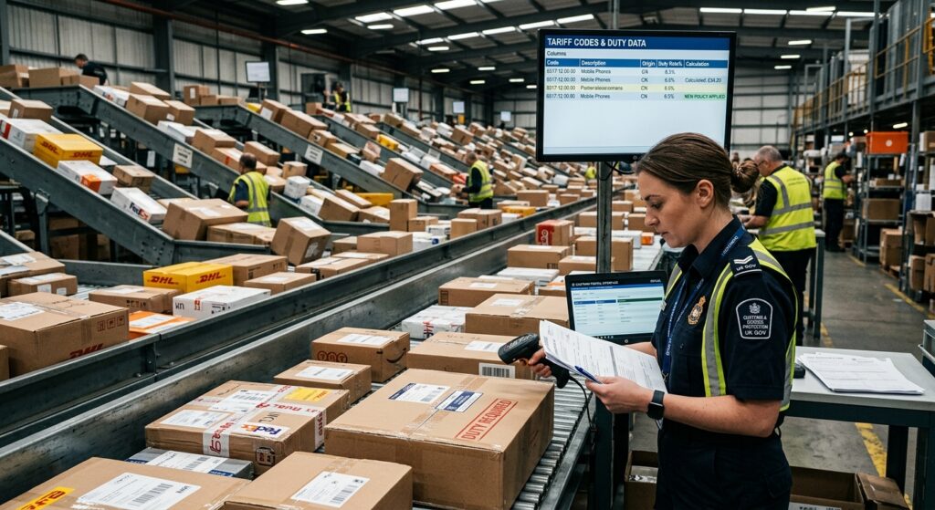 A photorealistic editorial-style image depicting a busy international mail processing facility, with rows of cardboard parcels and shipping boxes on conveyor belts under industrial lighting. In the foreground, a customs officer in a navy uniform reviews paperwork and scans barcodes on packages, while a digital screen in the background displays tariff classification codes and duty calculation data. The atmosphere is bureaucratic and procedural, with stacks of parcels bearing international shipping labels from various countries. Subtle visual elements suggest a shift in policy — a stamped "DUTY REQUIRED" mark visible on a package label, official government documents beside a laptop showing a customs portal interface. The overall mood is serious and transitional, conveying the end of an era of frictionless low-value imports. Cinematic depth of field, cool fluorescent lighting mixed with warm accent tones, high-detail commercial photography aesthetic.