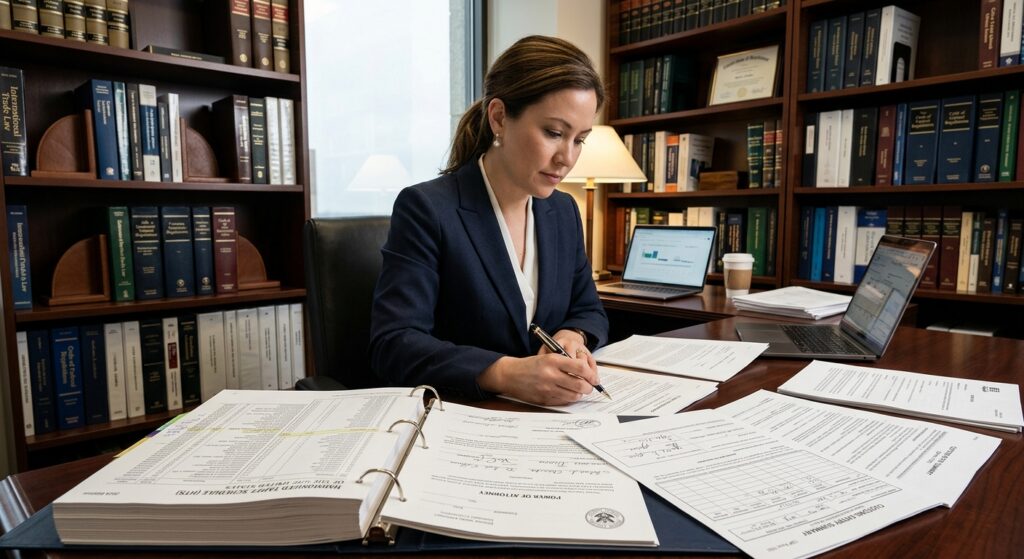 A professional editorial-style photograph of a businessperson in a formal suit sitting at a large wooden desk, carefully reviewing complex legal and customs documents spread across the surface, with a Harmonized Tariff Schedule binder open prominently in the foreground. The desk also holds a signed power of attorney document, a customs entry form, and a pen. The setting is a polished law office with bookshelves filled with legal volumes in the background. Soft, professional lighting creates a serious and authoritative atmosphere. The scene conveys legal responsibility, international trade compliance, and the weight of regulatory obligations. Photorealistic, high detail, editorial tone, warm neutral color palette.