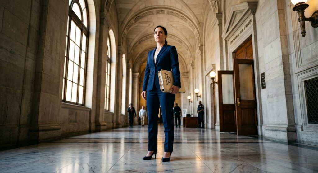A wide-angle editorial photograph of a determined importer or business professional standing in a grand federal courthouse corridor, viewed from a low angle looking up, conveying strength and resolve. The figure is dressed in business attire, holding a thick folder of documents, with dramatic natural light streaming through tall arched windows casting long shadows across marble floors. The atmosphere is serious and institutional, with ornate neoclassical architecture visible — columns, high ceilings, and stone walls suggesting the weight and permanence of the legal system. In the background, blurred courthouse doors suggest an open path forward. The overall mood is one of opportunity within a formal, authoritative setting — hopeful but urgent. Cinematic lighting, editorial photography style, shallow depth of field.