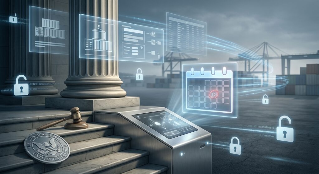A photorealistic editorial illustration of a U.S. Customs and Border Protection processing environment, rendered in a cool corporate blue and steel-gray palette. In the foreground, a large courthouse column and set of classical steps rise beside a modern digital control interface, symbolizing the intersection of litigation and automated customs processing. Overlaid on the scene, translucent holographic panels display abstract shipping manifests, stacked cargo containers, and a glowing calendar highlighting a date circled in red, suggesting an official regulatory deadline. In the background, a soft-focus shipping port with cranes and stacked containers fades into a hazy horizon, while streams of light representing data flow between the courthouse and a digital ledger of financial transactions. A gavel rests subtly beside a stylized customs seal, and faint binary-like light trails connect scattered padlock icons—some open, some closed—representing selective, restricted access to a bureaucratic refund system. The mood is precise, institutional, and quietly tense, reflecting complex trade law and regulatory gatekeeping. Use a realistic, high-detail editorial illustration style with dramatic directional lighting, sharp shadows, and a restrained, professional color palette of navy, slate, silver, and muted gold accents. No text, logos, or captions anywhere in the image.