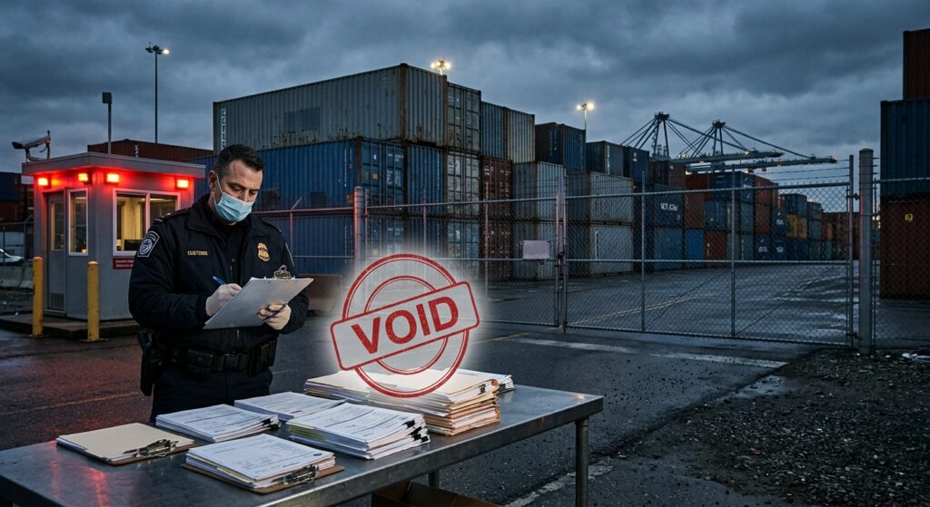 A tense customs warehouse at dusk, rows of stacked shipping containers halted before a border checkpoint gate, red warning lights glowing on an official inspection booth, a large digital stamp of a red "VOID" seal hovering translucently over stacked import paperwork and forms in the foreground, a uniformed customs officer reviewing documents on a clipboard near a chain-link fence, cranes frozen mid-motion in the background under an overcast sky, muted blue and gray industrial color palette conveying bureaucratic tension and urgency, photorealistic editorial illustration style, sharp shadows, cinematic lighting, no visible text or logos.