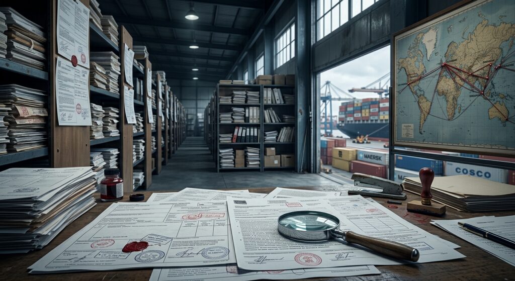 Editorial illustration of global trade and customs bureaucracy: a vast, dim warehouse-like customs office with towering shelves of paper files, shipping manifests, and stamped documents stretching into the distance. In the foreground, a large wooden desk holds overlapping international shipping documents—commercial invoices, bills of lading, certificates of origin—covered in official stamps, red wax seals, and customs markings in multiple languages, with a magnifying glass resting on top as if under scrutiny. Beyond the desk, blurred cargo shipping containers and a cargo ship are visible through tall windows, along with a world map on the wall with shipping routes traced in red string connecting ports across continents. Lighting is cool and institutional, with dramatic shafts of light emphasizing the towering stacks of paperwork, conveying themes of regulatory scrutiny, international trade documentation, and bureaucratic complexity. Style: photorealistic, high-detail editorial photography, muted navy and gray tones with subtle red accents, shallow depth of field, serious and analytical mood, no visible text or legible writing on any documents.