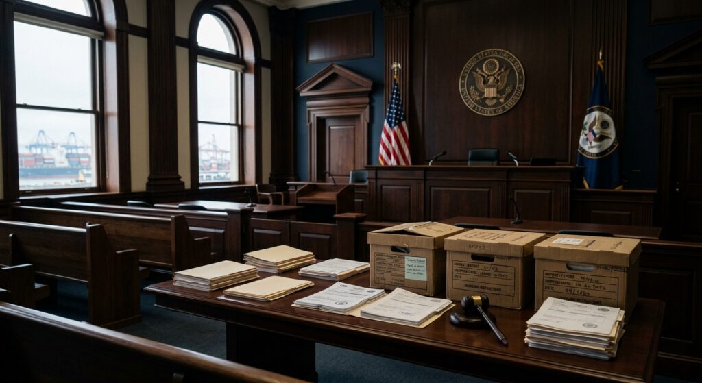 A photorealistic editorial image of a dim, formal federal courtroom interior shown from the back benches toward an empty judge's bench, warm wood paneling, tall American flag beside the bench, soft directional light streaming through tall windows onto neat stacks of shipping and customs paperwork, cardboard import boxes, and manila folders arranged on a long polished table in the foreground, a gavel resting beside the documents, subtle motif of international cargo ships or shipping containers faintly visible through a window in the background, muted navy, gold, and mahogany color palette, serious and institutional mood, shallow depth of field, high-detail professional photography style, no text or logos visible anywhere in the frame.